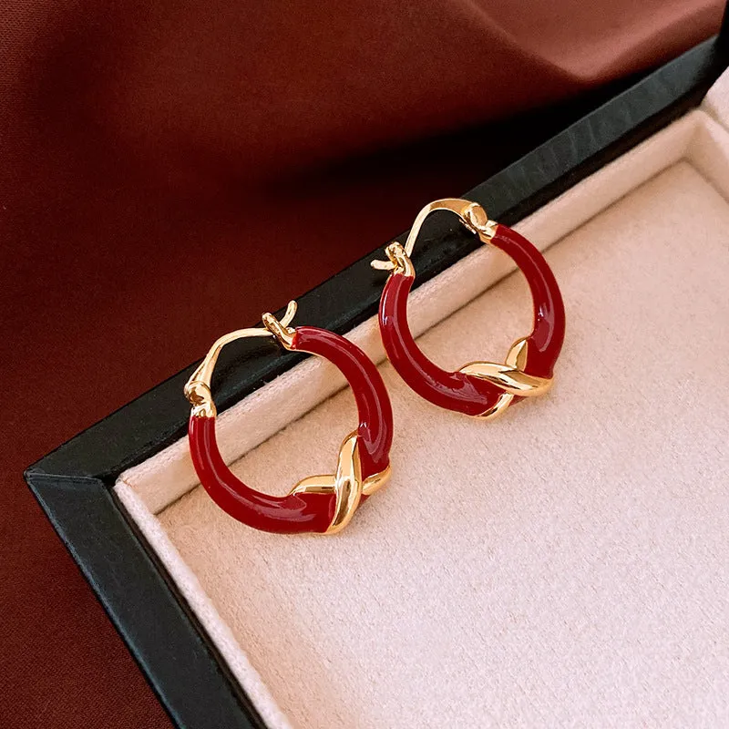 Real gold plating red enamel earrings for women copper geometric ear clip letter motif