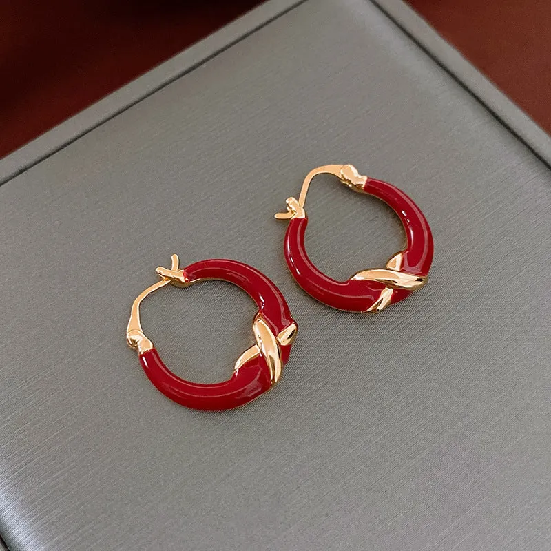 Real gold plating red enamel earrings for women copper geometric ear clip letter motif