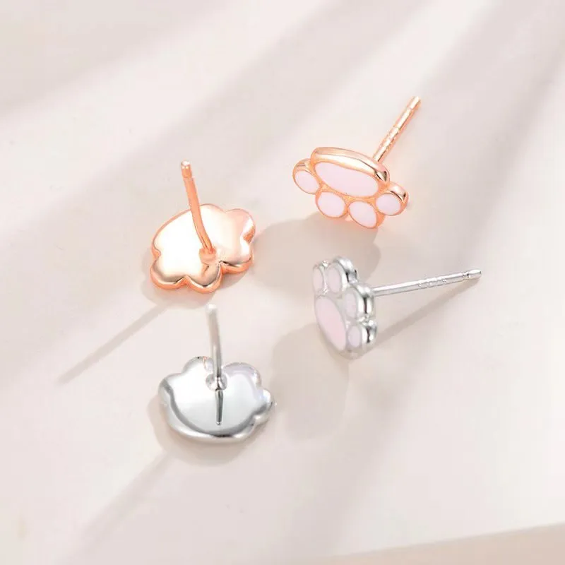 S925 silver cat paw ear studs simple handmade rose gold and white gold finish