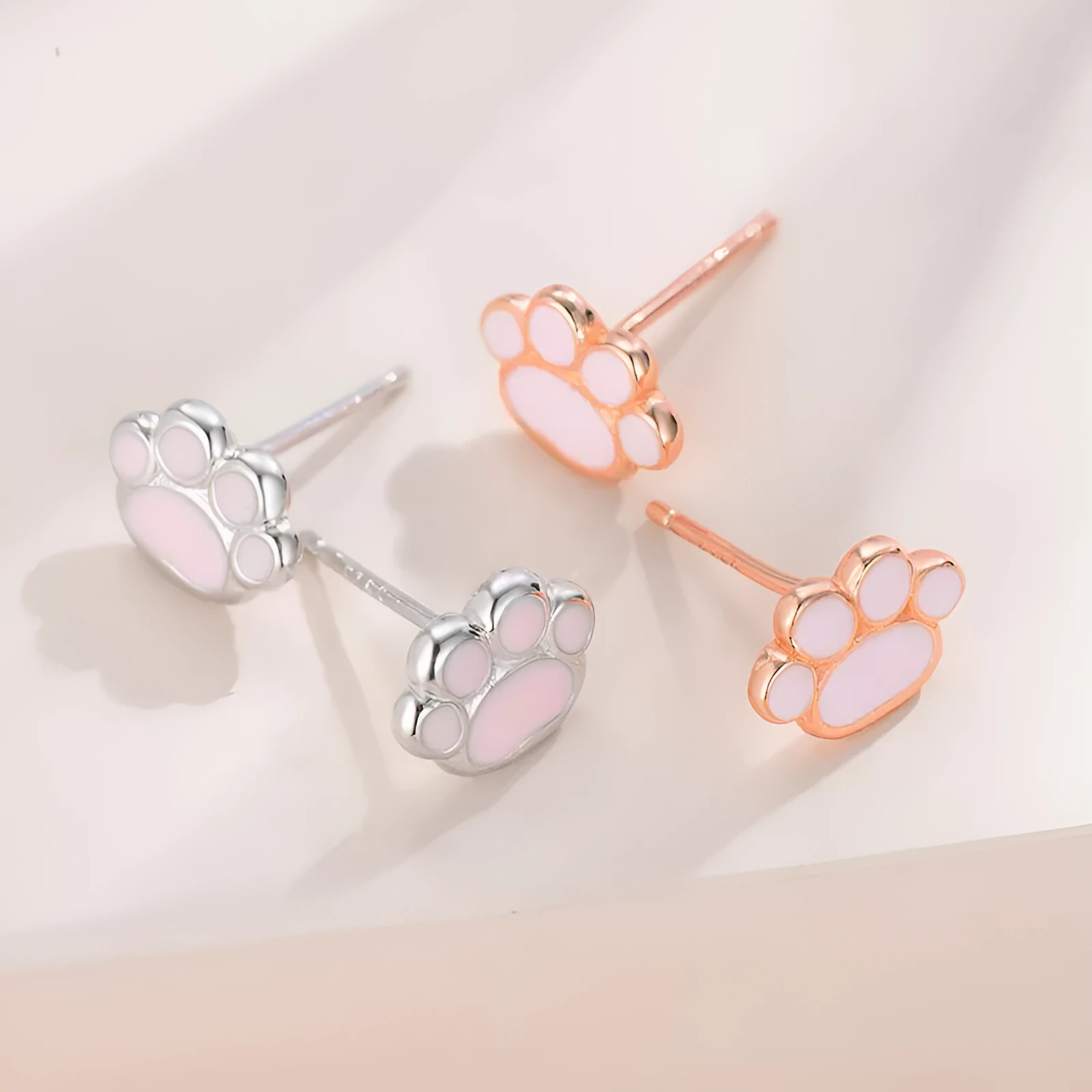 S925 silver cat paw ear studs simple handmade rose gold and white gold finish