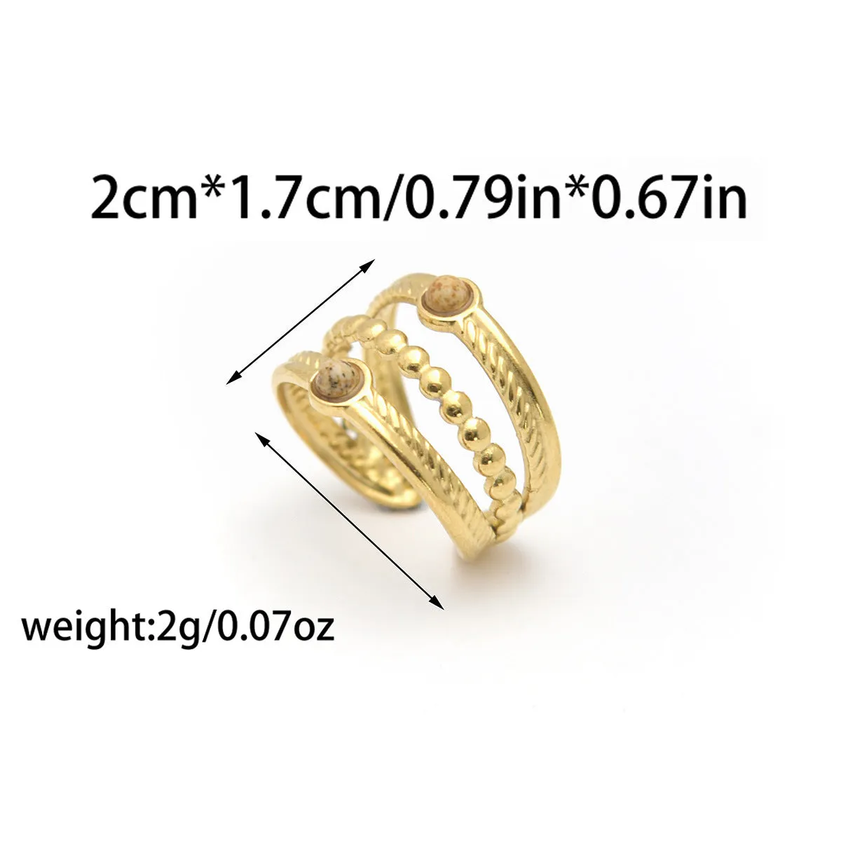 Natural stone multi-layer adjustable stainless steel ring with gold plating, geometric shape, and twist design in pink colour