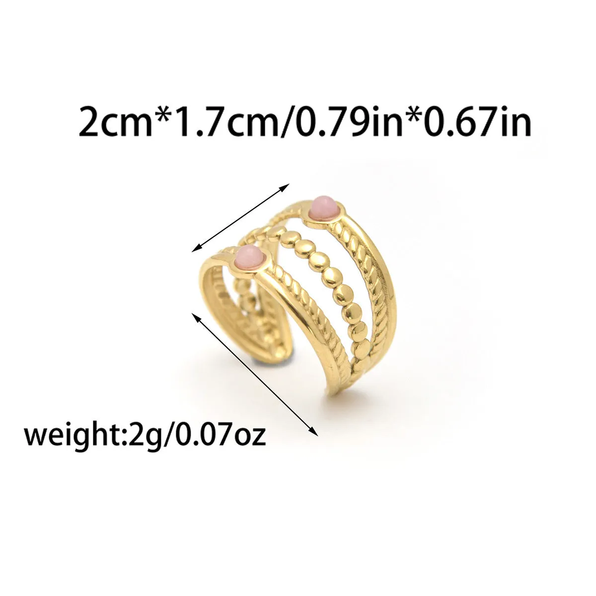Natural stone multi-layer adjustable stainless steel ring with gold plating, geometric shape, and twist design in pink colour