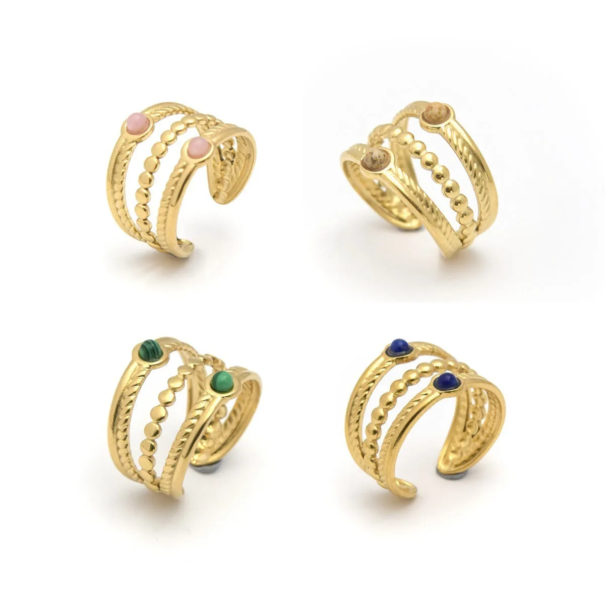 Natural stone multi-layer adjustable stainless steel ring with gold plating, geometric shape, and twist design in pink colour