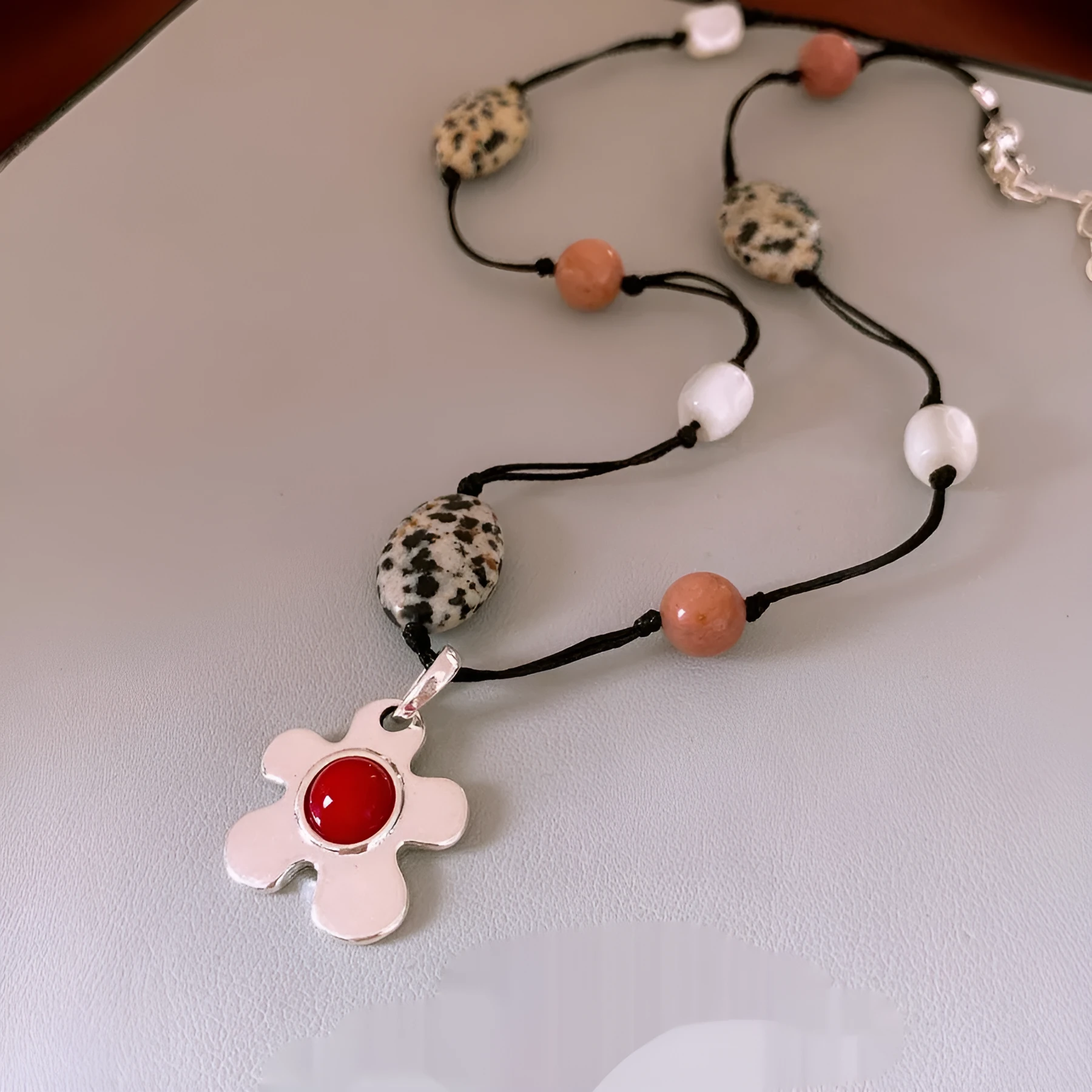 Women's ethnic necklace with stone shell beaded flower pendant on adjustable alloy chain