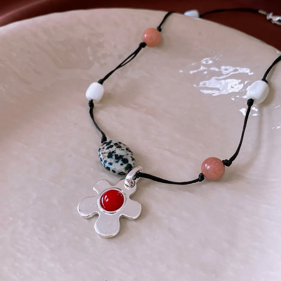 Women's ethnic necklace with stone shell beaded flower pendant on adjustable alloy chain