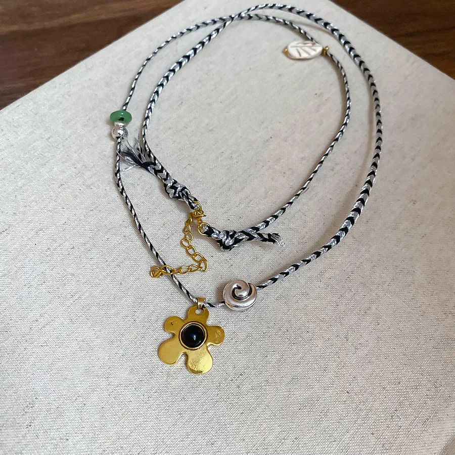 Women's ethnic necklace with stone shell beaded flower pendant on adjustable alloy chain