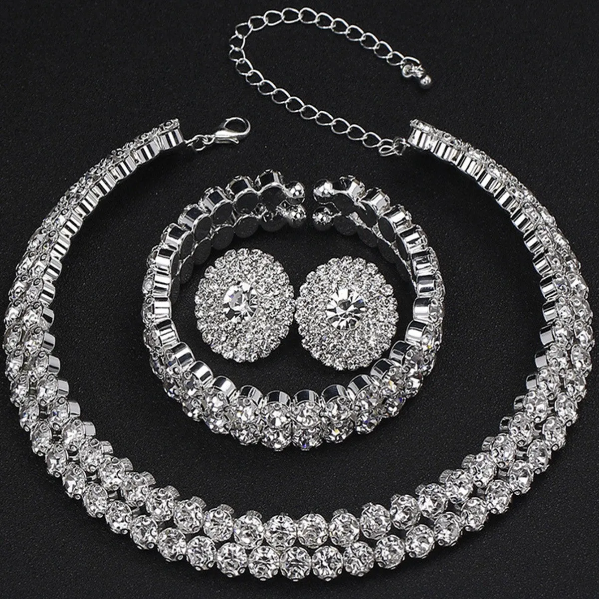 Women's rhinestone double-layer necklace and bracelet with stud earrings in gold set