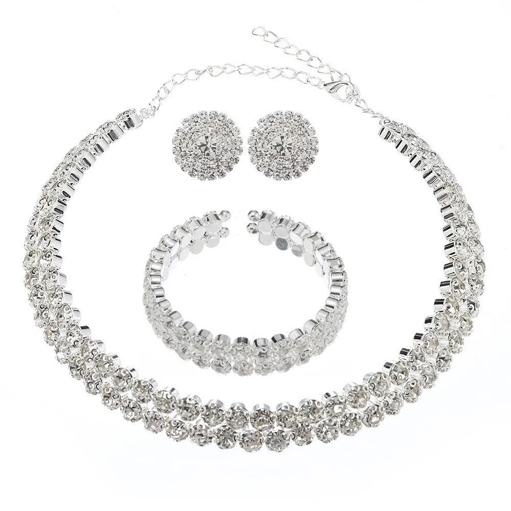 Women's rhinestone double-layer necklace and bracelet with stud earrings in gold set