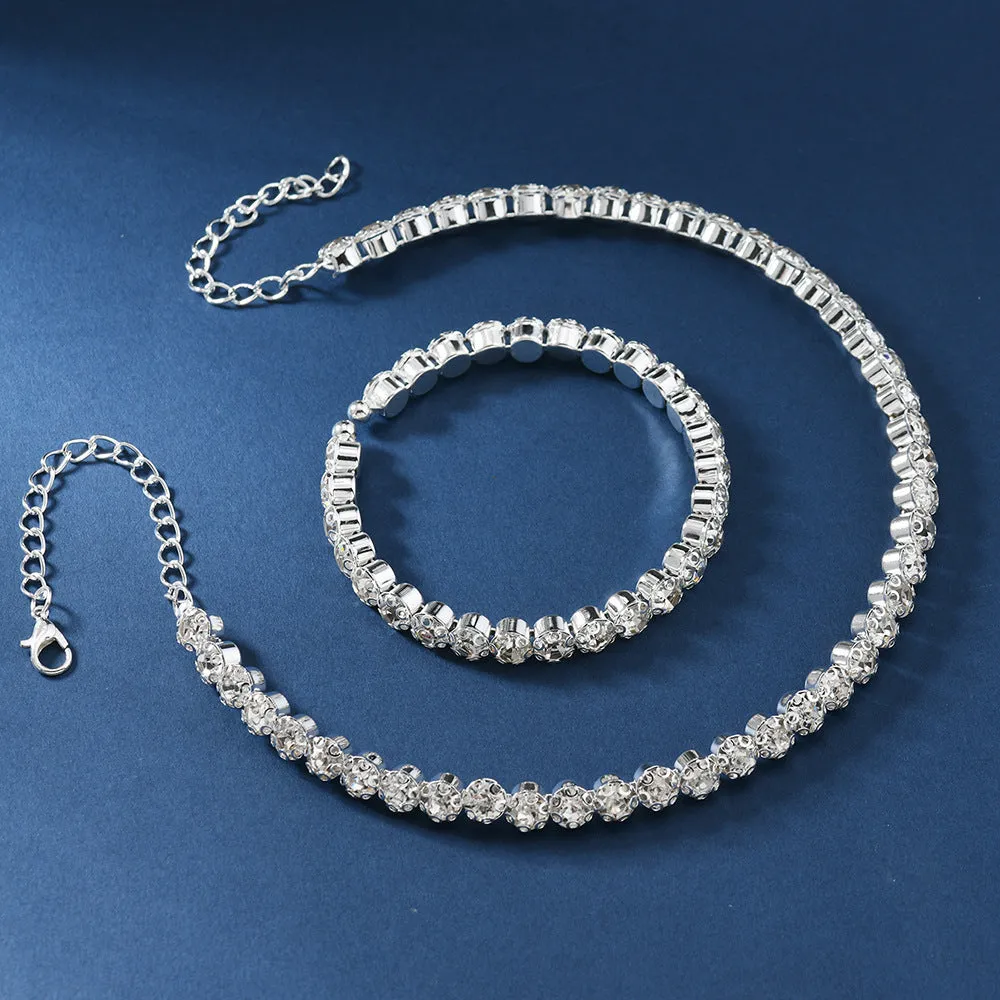 Women's rhinestone double-layer necklace and bracelet with stud earrings in gold set