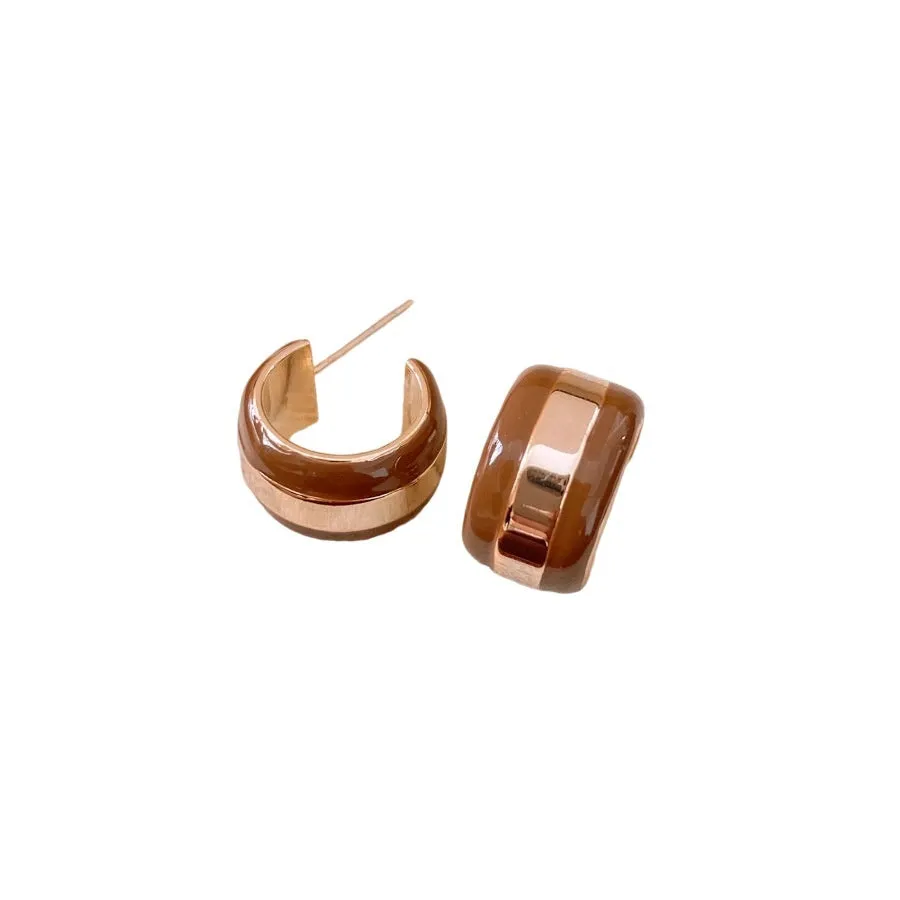 Real gold plated silver needle striped round stud earrings for women in golden coffee colour