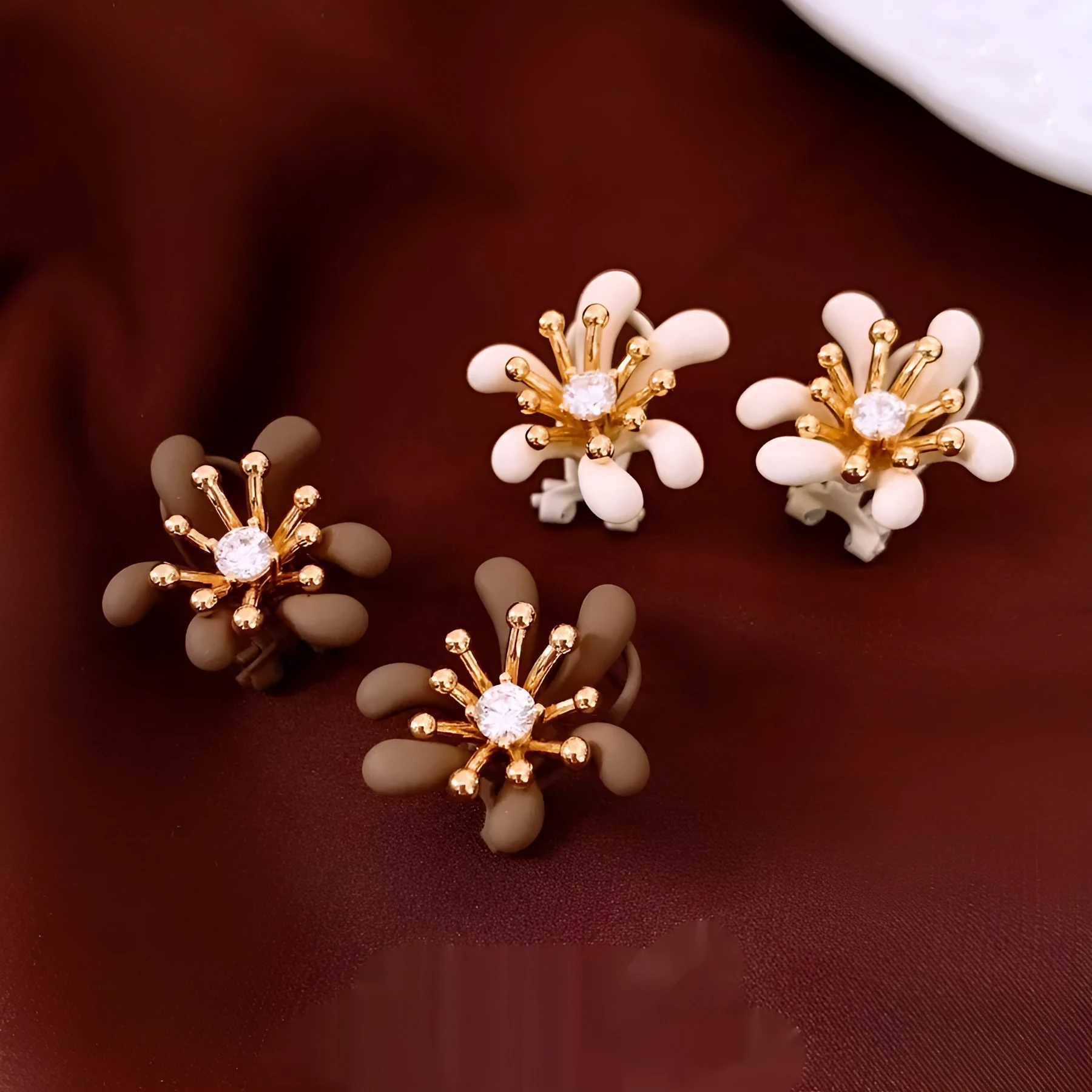 Real gold electroplated silver needle earrings with inlaid diamond and 3D flower shape, Coffee Color Gold option