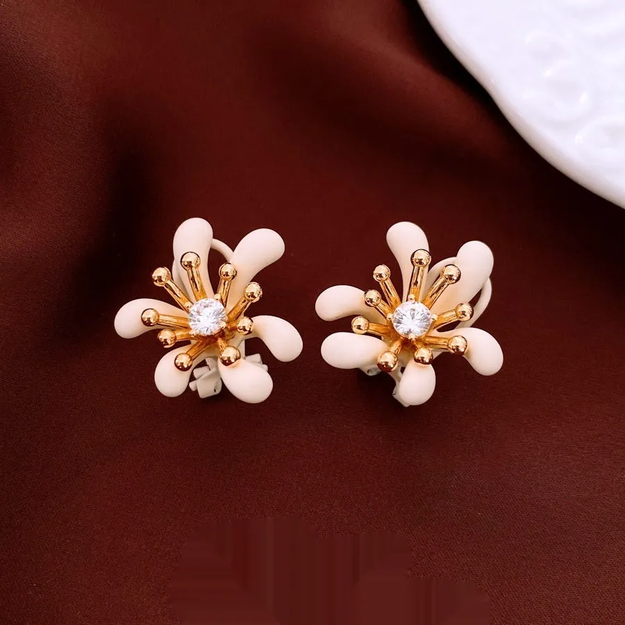 Real gold electroplated silver needle earrings with inlaid diamond and 3D flower shape, Coffee Color Gold option