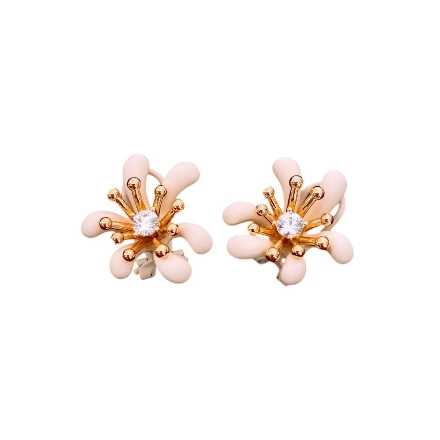 Real gold electroplated silver needle earrings with inlaid diamond and 3D flower shape, Coffee Color Gold option