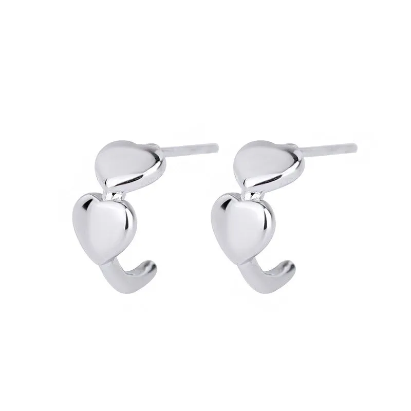 Love heart stud earrings in pure silver, Korean style, available in rose, white, and yellow colours