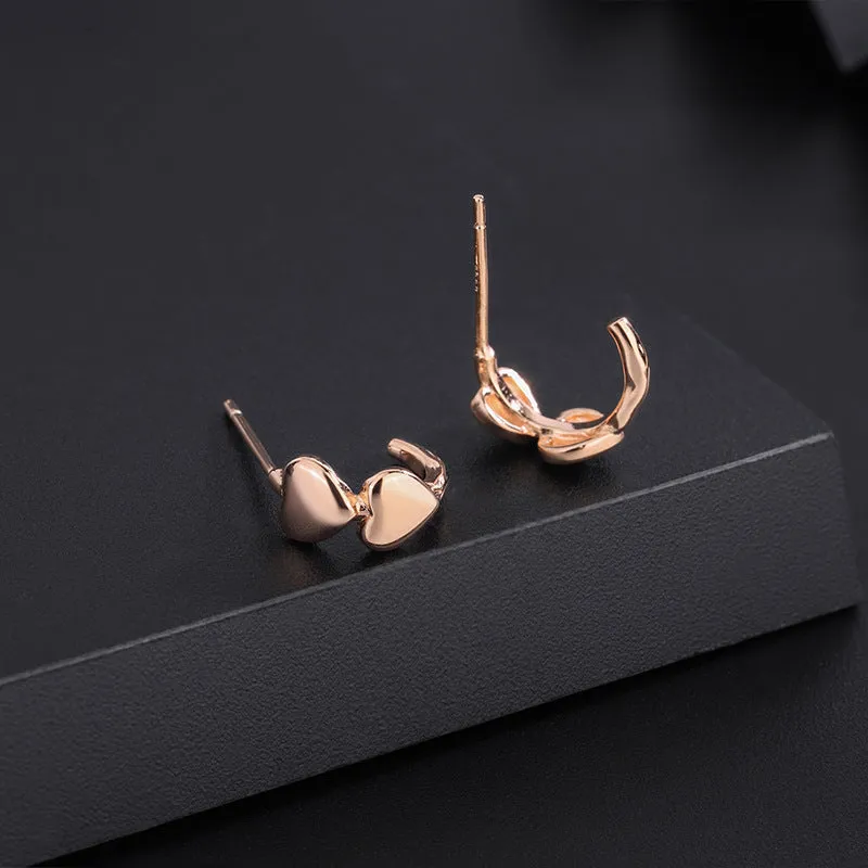 Love heart stud earrings in pure silver, Korean style, available in rose, white, and yellow colours