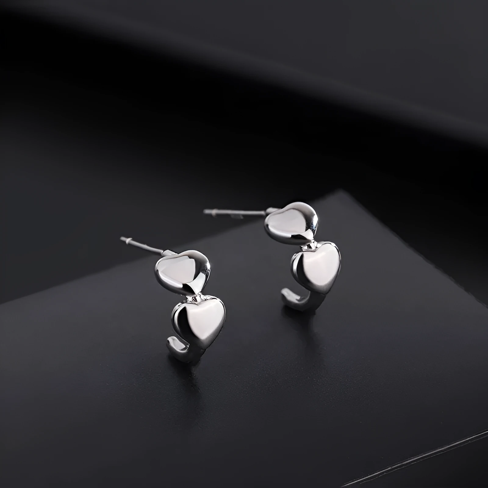 Love heart stud earrings in pure silver, Korean style, available in rose, white, and yellow colours
