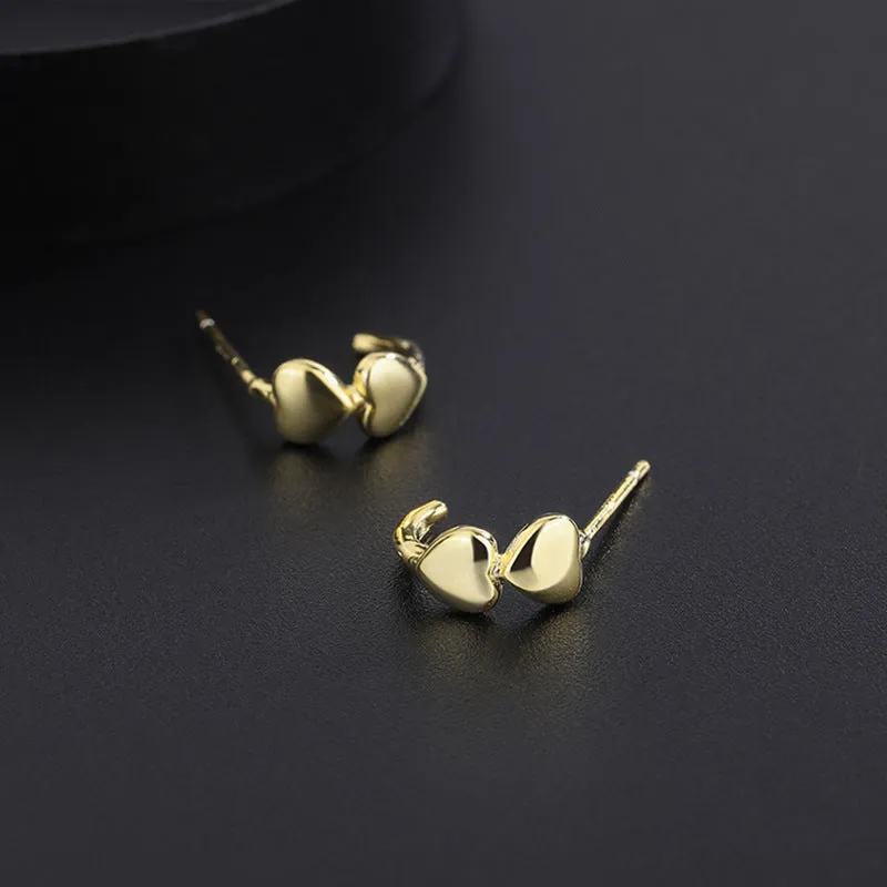 Love heart stud earrings in pure silver, Korean style, available in rose, white, and yellow colours