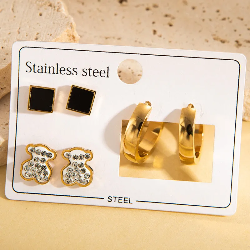 Women's non-fading stainless steel earrings set 3 pairs love butterfly fashion OL style