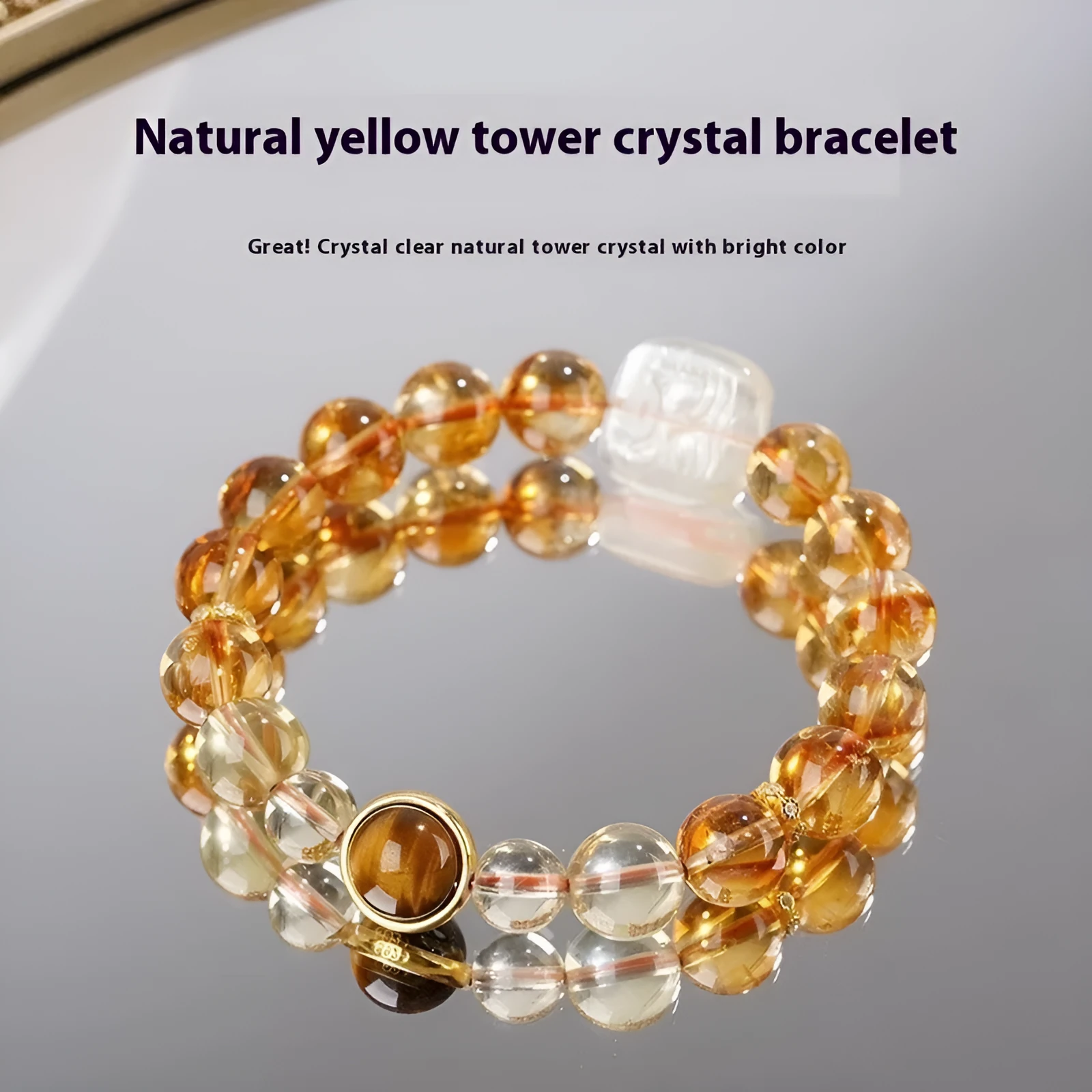 Women's carved citrine bracelet with geometric ethnic patterning, 10mm crystal construction