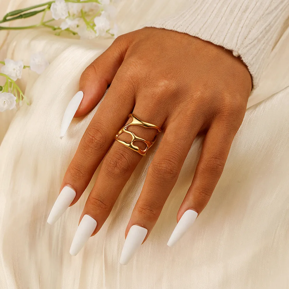 Stainless steel open adjustable geometric ring J1064 with electroplated golden finish and hollow linear design