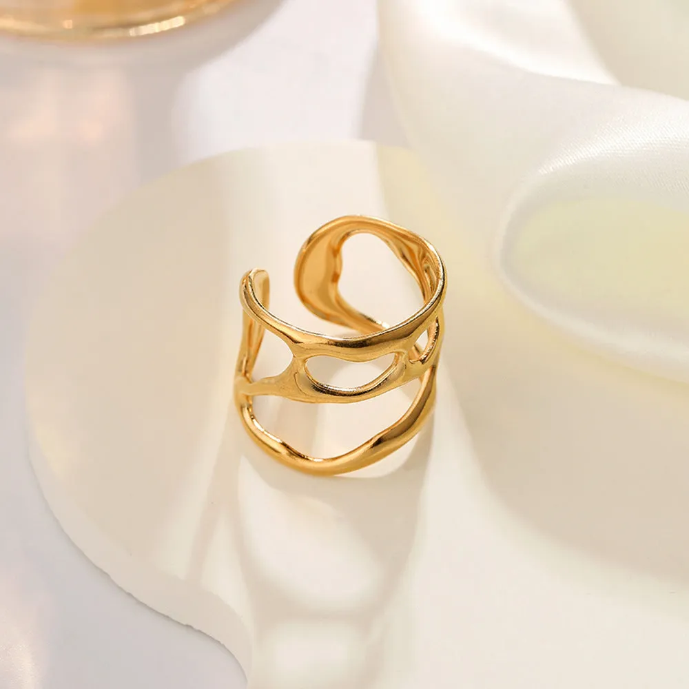 Stainless steel open adjustable geometric ring J1064 with electroplated golden finish and hollow linear design