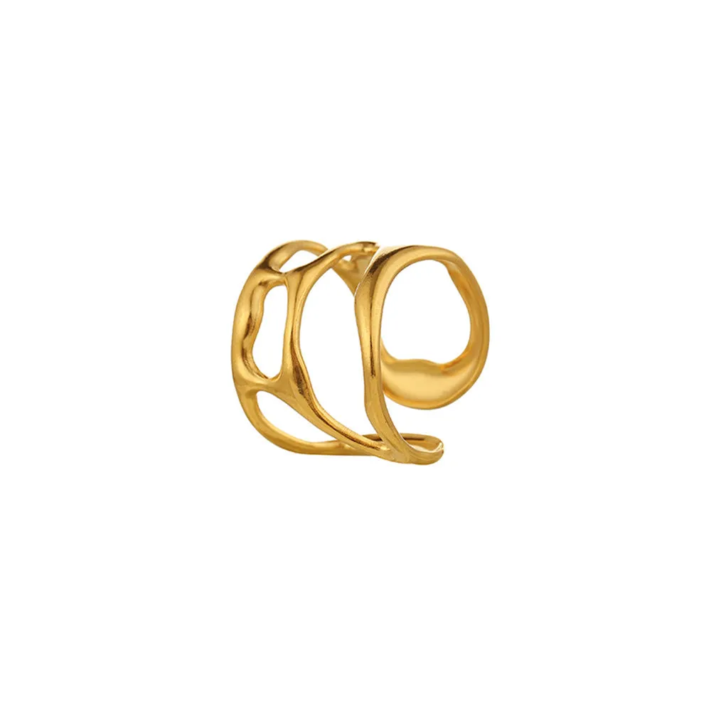 Stainless steel open adjustable geometric ring J1064 with electroplated golden finish and hollow linear design