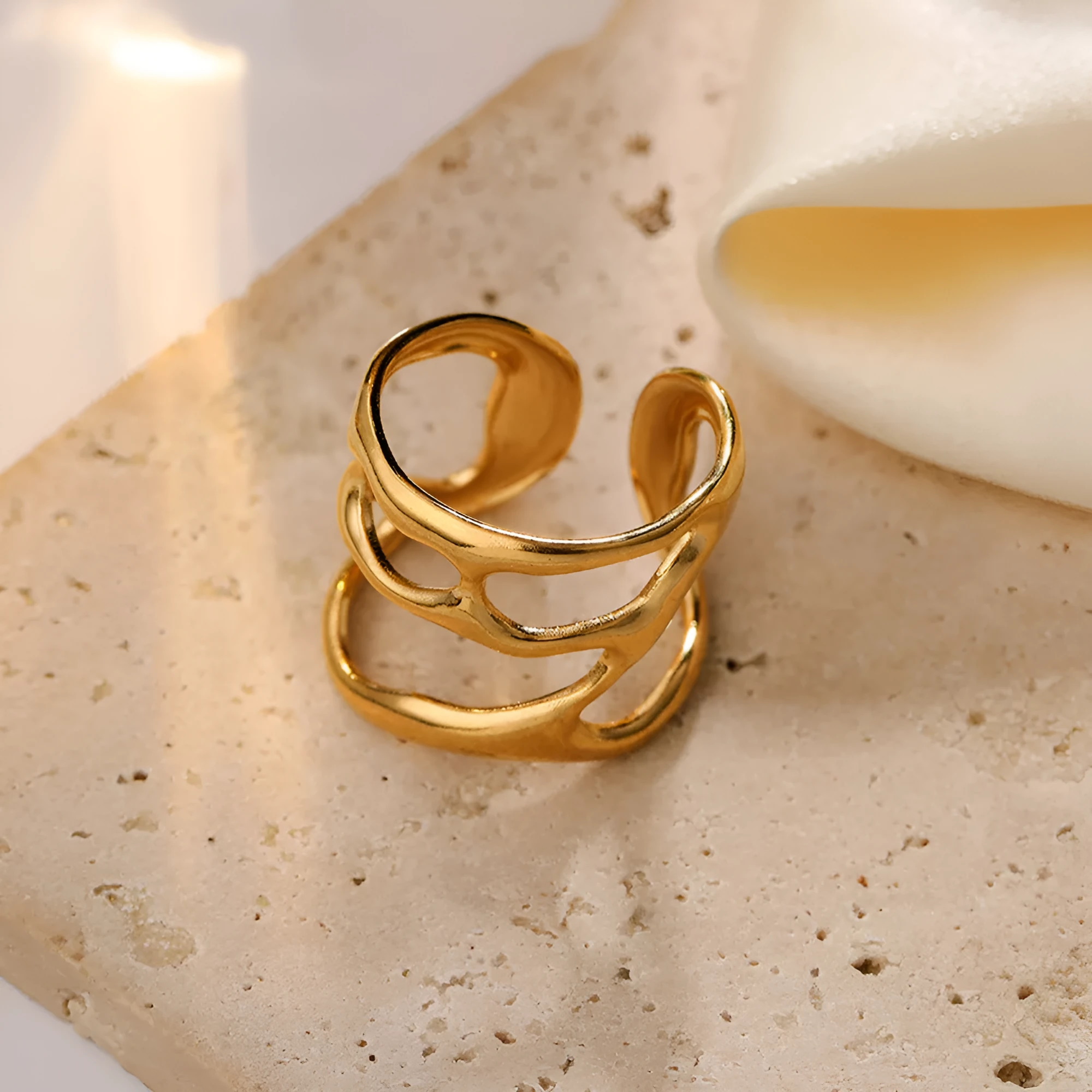 Stainless steel open adjustable geometric ring J1064 with electroplated golden finish and hollow linear design