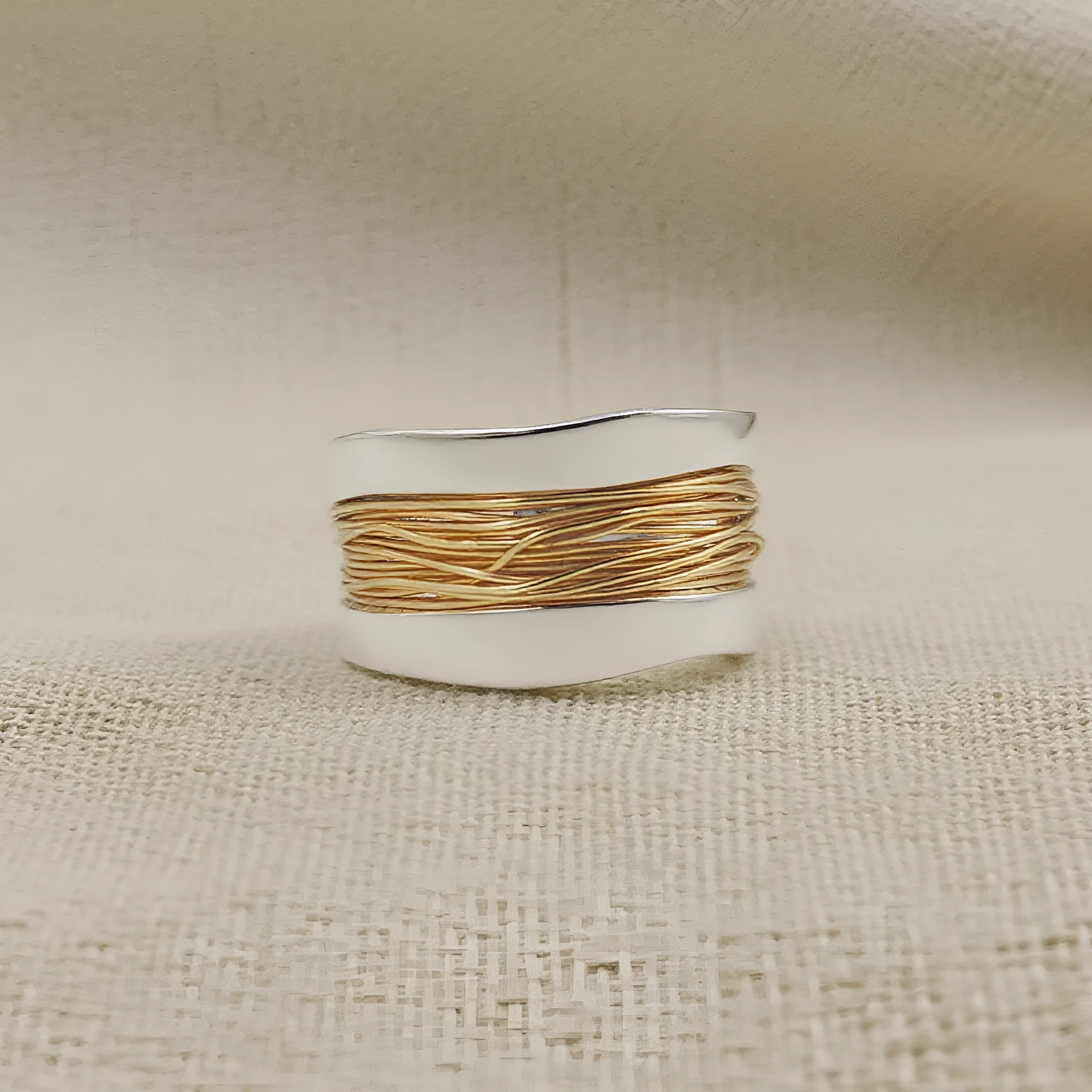 Hand-wound real copper wire wide surface bracelet in two-tone geometric design, electroplated finish
