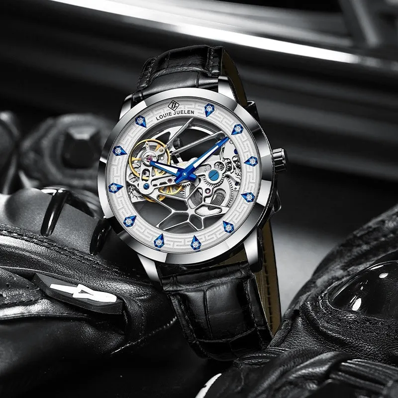 Men's silver mechanical watch with white dial, blue luminous hands, and a black leather strap.