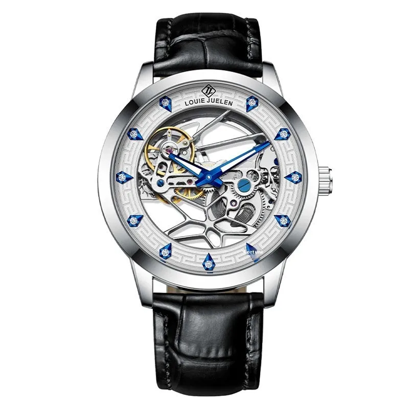 Men's silver mechanical watch with white dial, blue luminous hands, and a black leather strap.