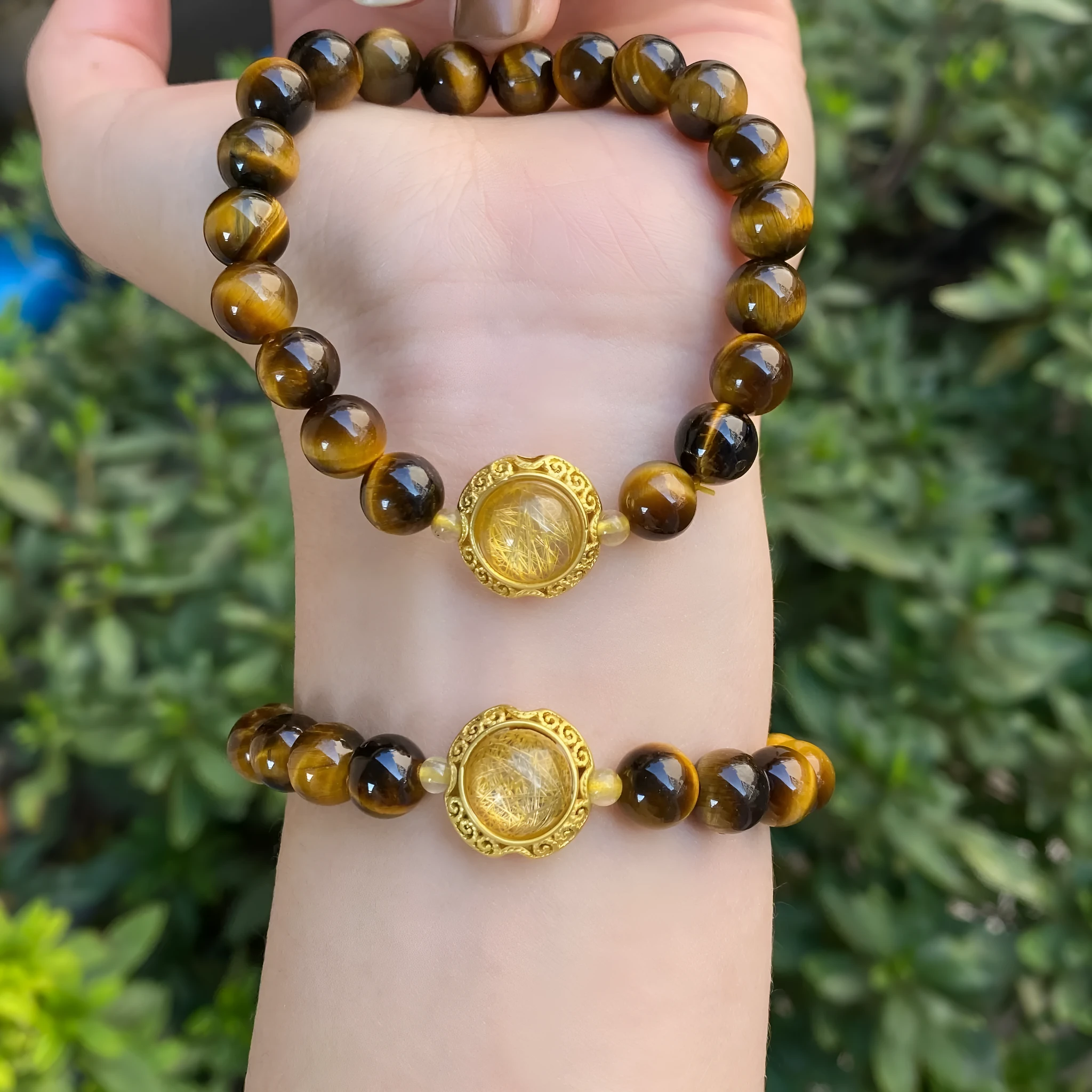 Handmade unisex crystal bracelet with diamond-studded gourd charm and mix of 8mm and 10mm prayer wheel, topaz, and disc beads.