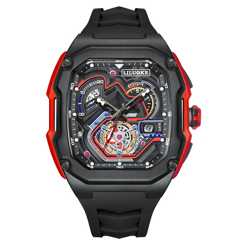 Men's three-dimensional hollow luminous waterproof sports multifunction quartz watch with rectangle alloy case, black or orange dial