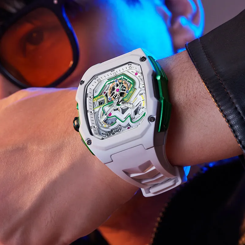 Men's three-dimensional hollow luminous waterproof sports multifunction quartz watch with rectangle alloy case, black or orange dial
