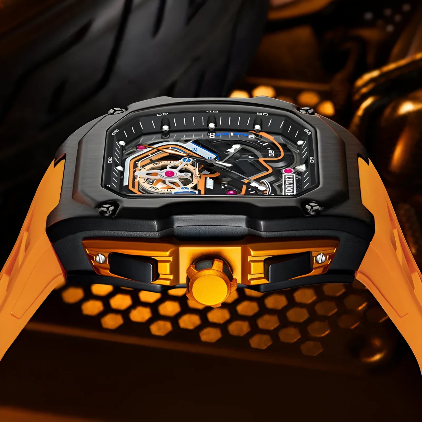Men's three-dimensional hollow luminous waterproof sports multifunction quartz watch with rectangle alloy case, black or orange dial