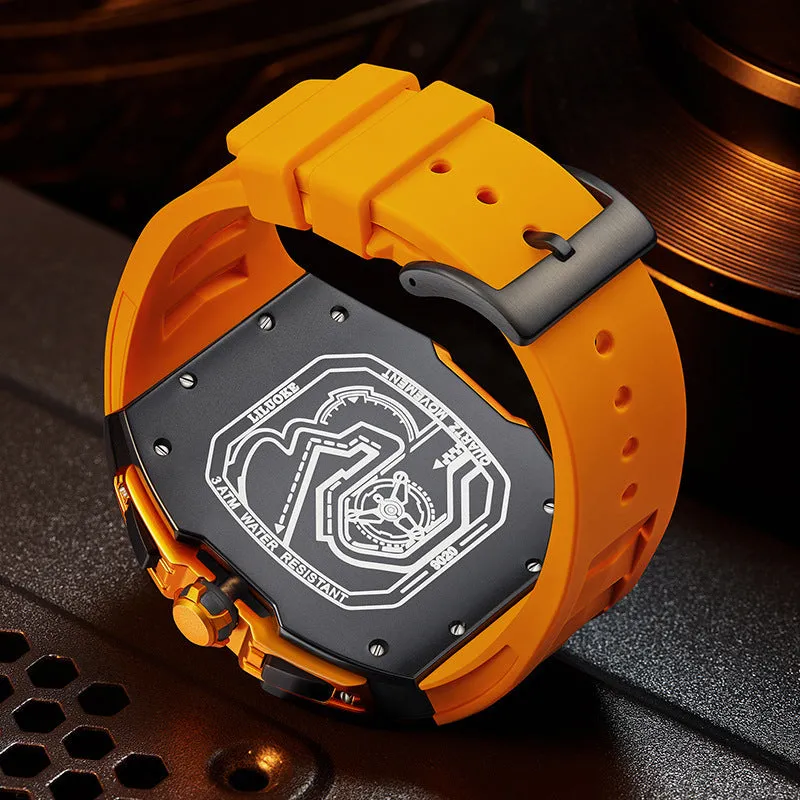 Men's three-dimensional hollow luminous waterproof sports multifunction quartz watch with rectangle alloy case, black or orange dial