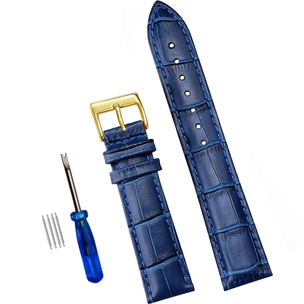 Blue genuine leather watch strap with bamboo cowhide finish and silver stainless steel pin buckle on a neutral background