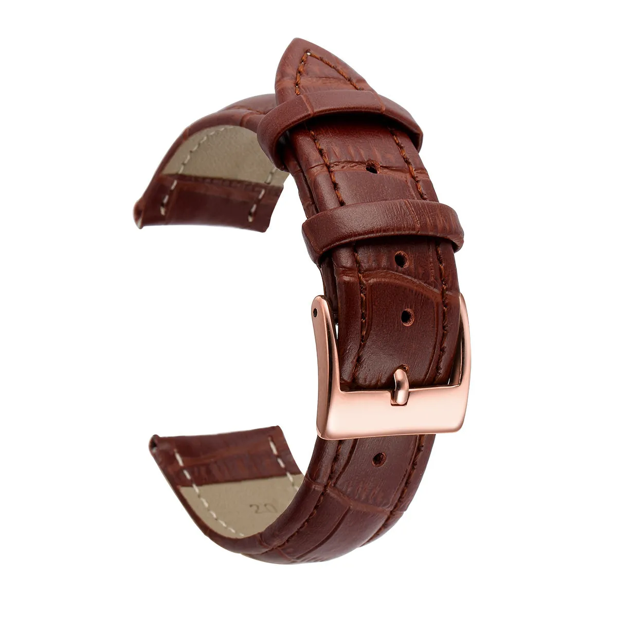 Blue genuine leather watch strap with bamboo cowhide finish and silver stainless steel pin buckle on a neutral background