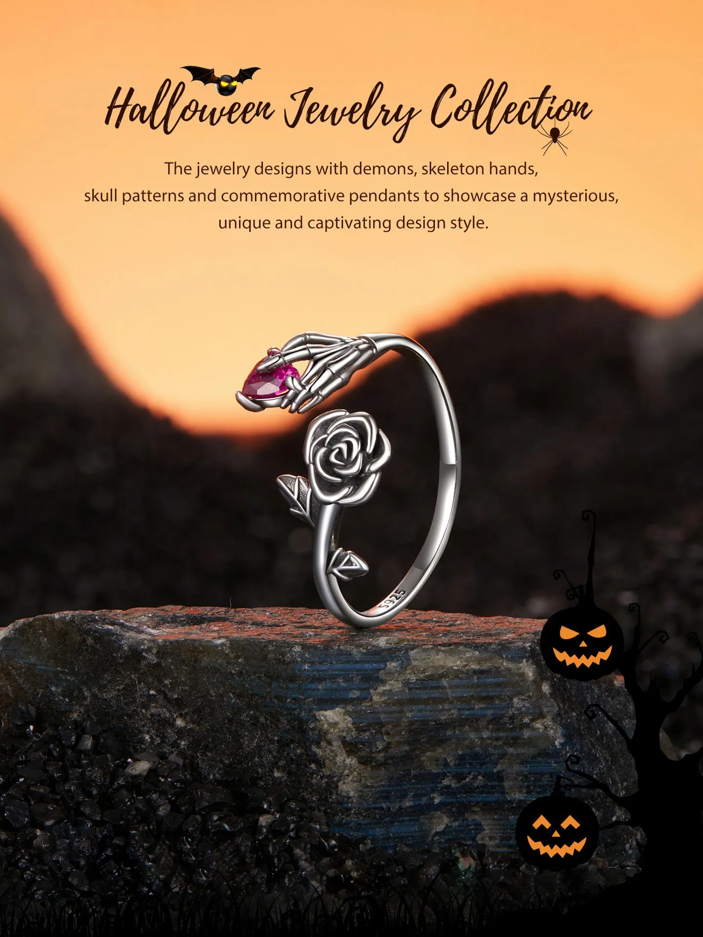 Silver Halloween rose skull hand opening ring with adjustable band on white background