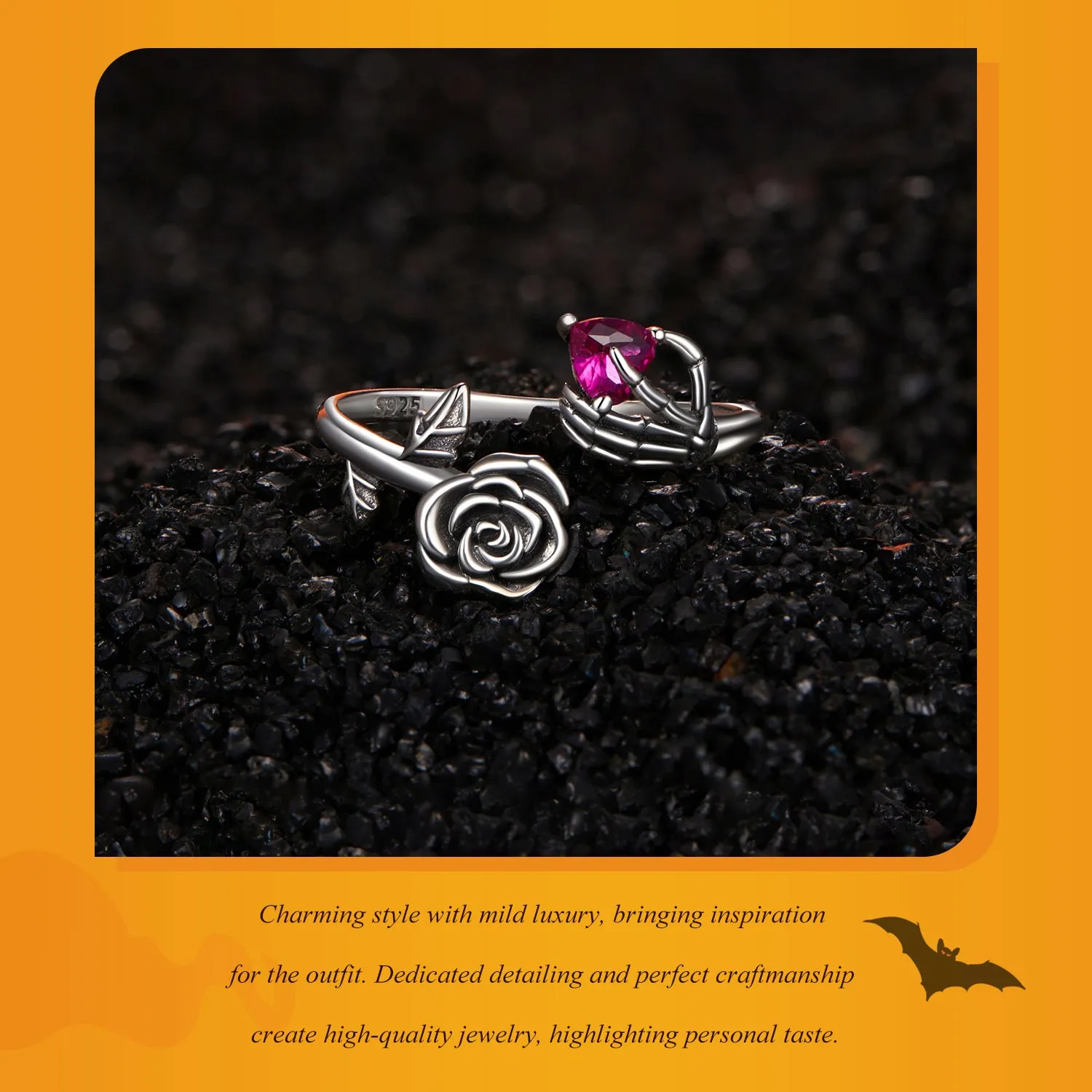 Silver Halloween rose skull hand opening ring with adjustable band on white background