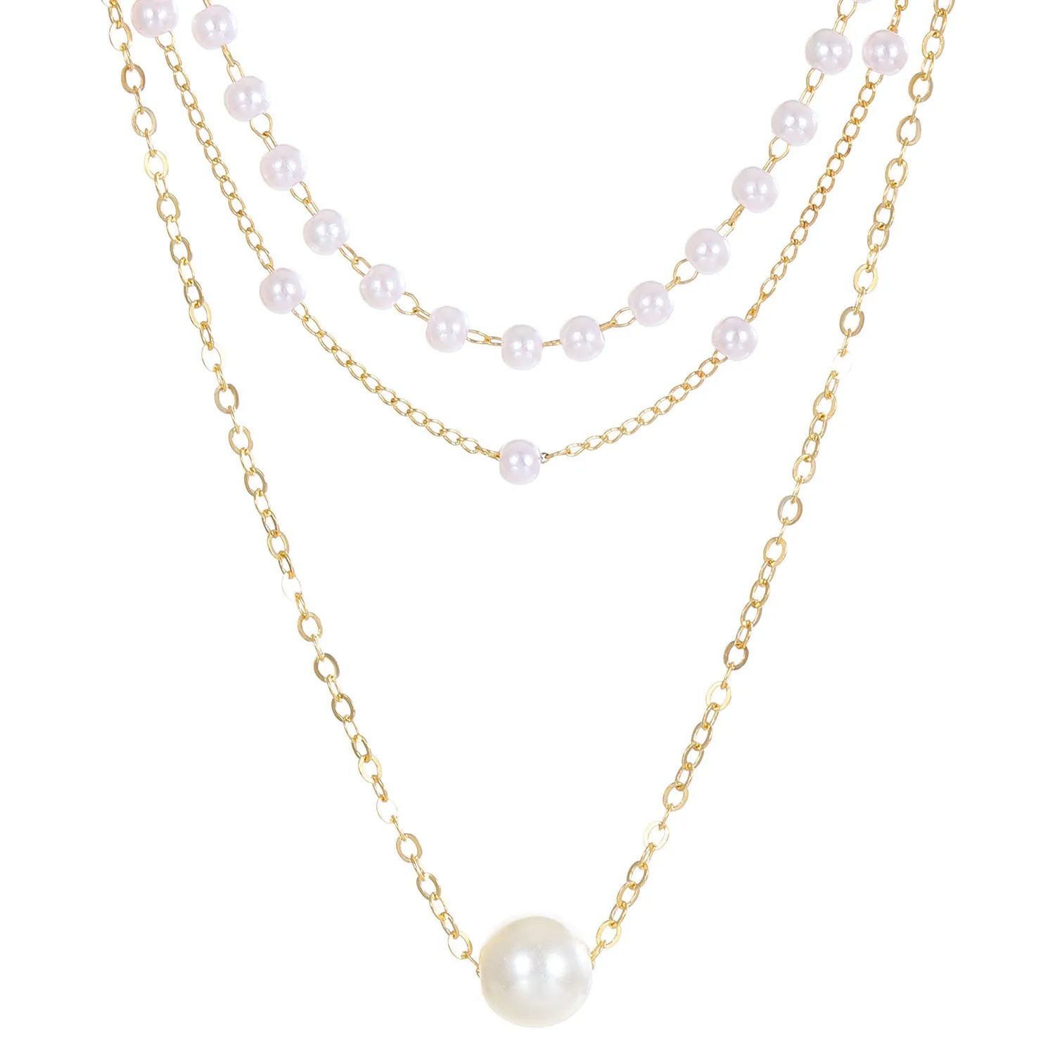 Three-layer gold imitation pearl necklace with twin pendant leaf U-shaped geometric design