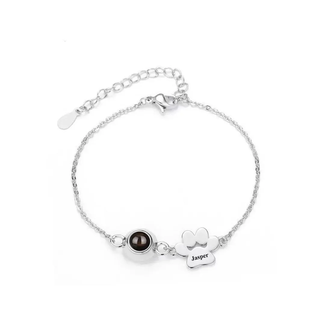 Titanium steel pet paw print cuff bracelet with chain and cat claw elements in gold finish