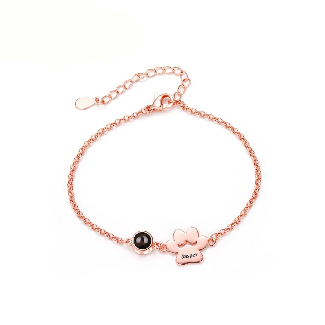 Titanium steel pet paw print cuff bracelet with chain and cat claw elements in gold finish