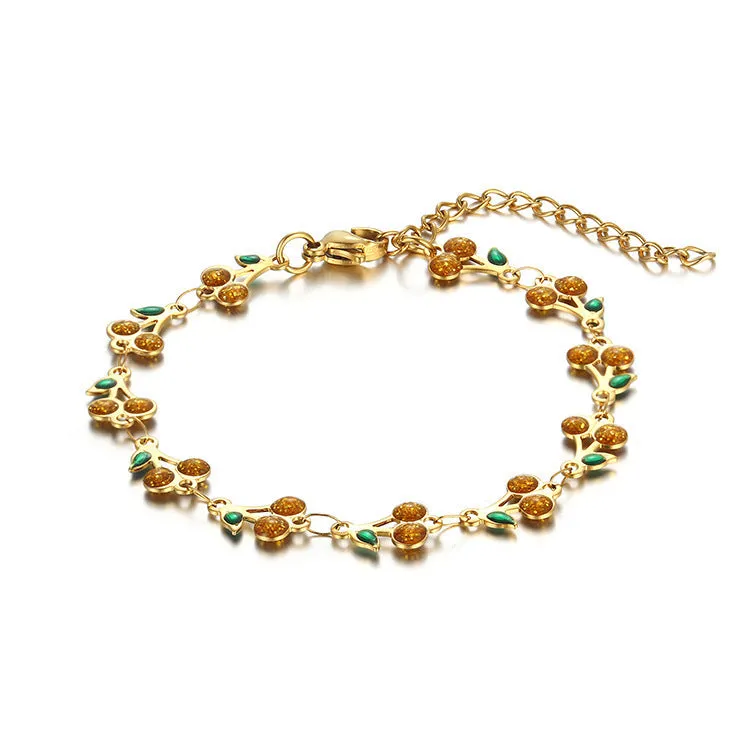 Alloy bracelet and necklace set with hand-painted dripping oil geometric pattern and cherry pendant in colourful finish
