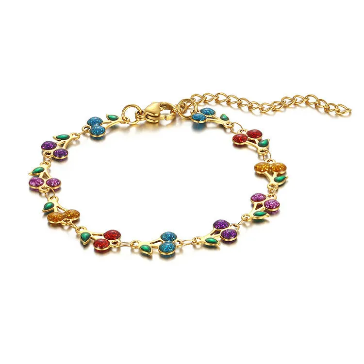 Alloy bracelet and necklace set with hand-painted dripping oil geometric pattern and cherry pendant in colourful finish
