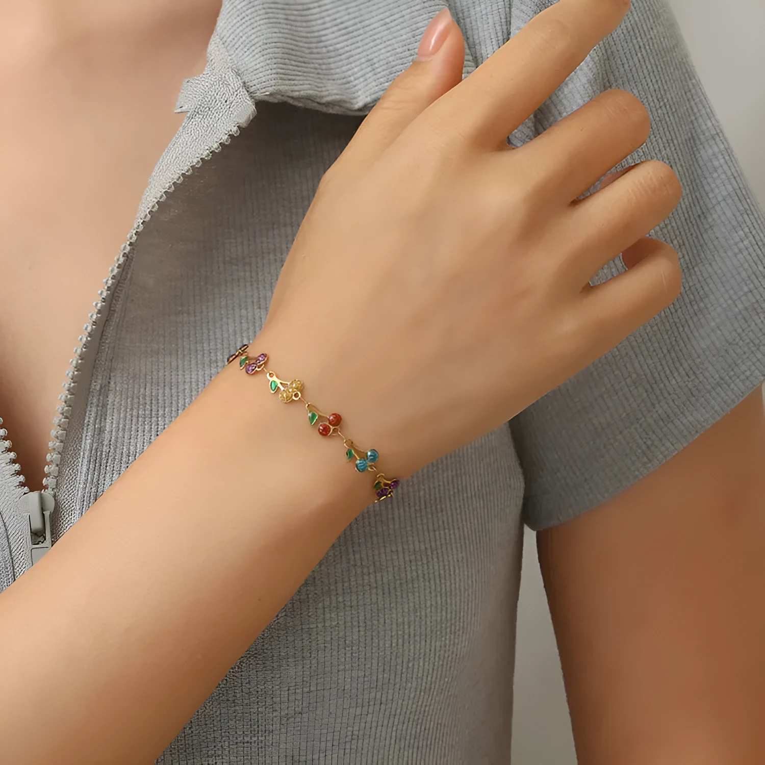 Alloy bracelet and necklace set with hand-painted dripping oil geometric pattern and cherry pendant in colourful finish