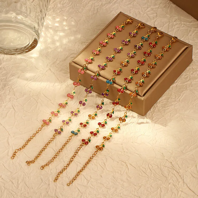 Alloy bracelet and necklace set with hand-painted dripping oil geometric pattern and cherry pendant in colourful finish