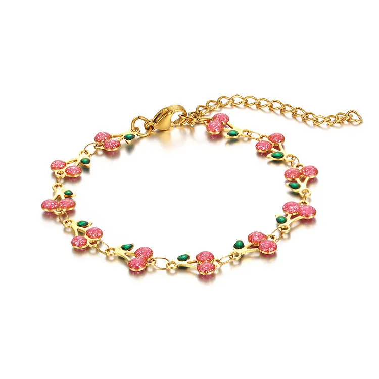 Alloy bracelet and necklace set with hand-painted dripping oil geometric pattern and cherry pendant in colourful finish