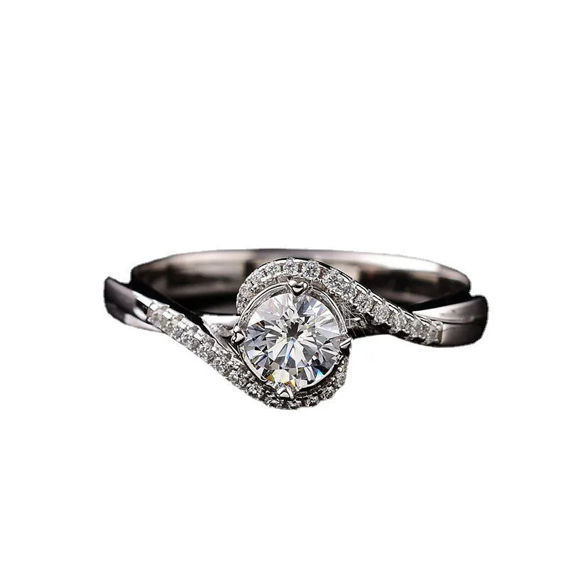 Silver geometric copper women's ring with adjustable opening and a large round zircon stone.