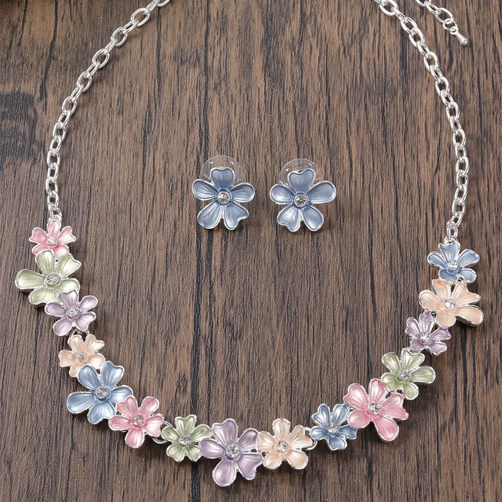 Zinc alloy flower stitching colourful oil necklace and earring set for women with cross chain style