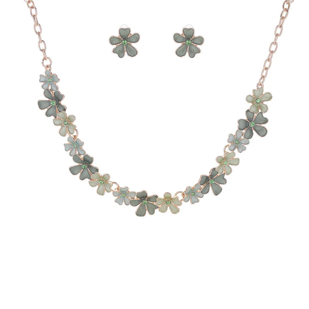 Zinc alloy flower stitching colourful oil necklace and earring set for women with cross chain style